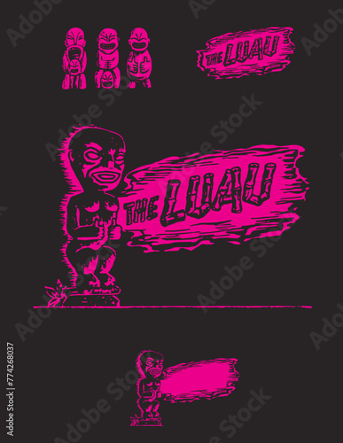 A tiki guy next to a wooden sign - The Luau - illustrated in a one color retro 1940's style - vintage shirt, sign menu, shirt graphic elements with a Hawaiian tropical luau theme in pink and black.