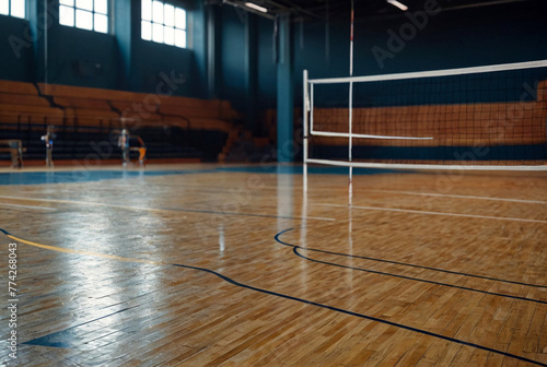 Sports Image of volleyball net in an old empty sports hall with referee tower. Background for team volleyball game. Concept of getting sport, healthy lifestyle and team success. Copy space © Alex Vog