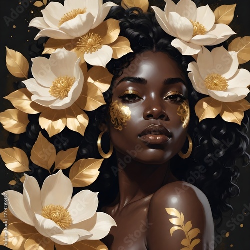 woman with flower , Black woman  with dark skin  and curly black hair , surrounded by white and gold flowers, with gold accents on her face and shoulder, against a dark background