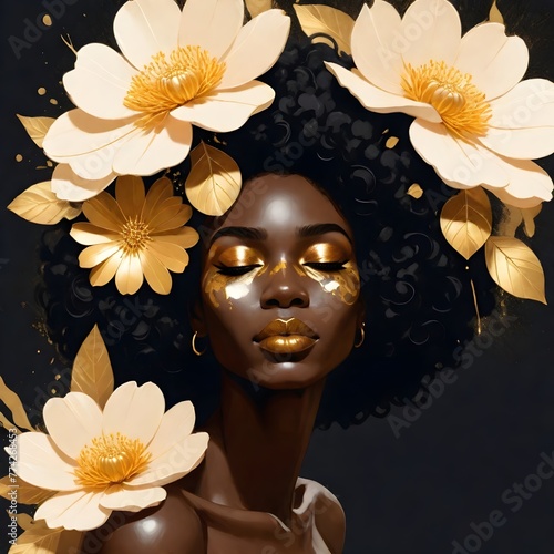 woman with flower , Black woman  with dark skin  and curly black hair , surrounded by white and gold flowers, with gold accents on her face and shoulder, against a dark background