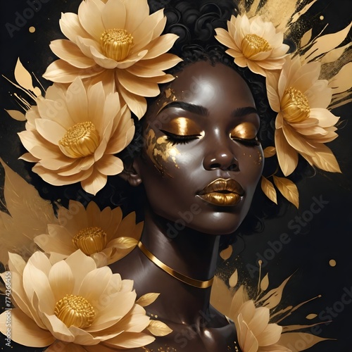woman with flower , Black woman  with dark skin  and curly black hair , surrounded by white and gold flowers, with gold accents on her face and shoulder, against a dark background