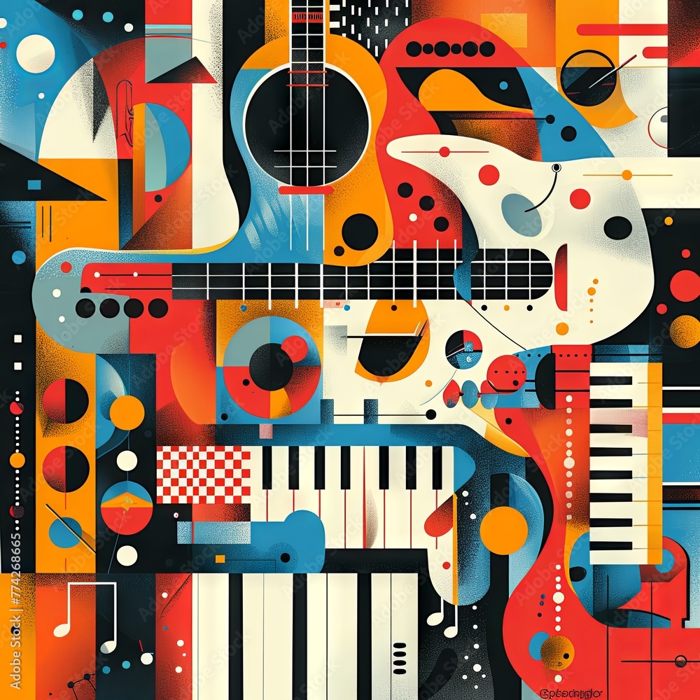 Obraz premium abstract, music, pattern, colorful, design, instruments, sound waves, playful, vibrant, guitar, piano, art, illustration, creativity, musical, background, graphic, shapes, melody, harmony, modern, cul
