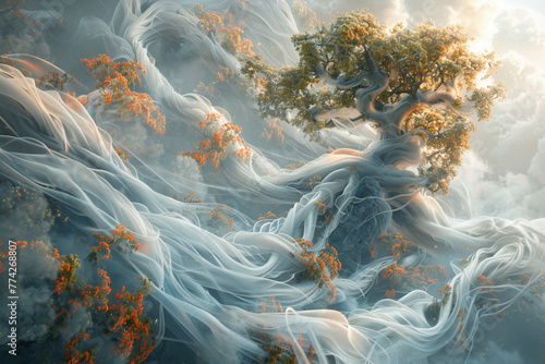 Design a surreal landscape where abstract celestial beings tend to ethereal plants, their delicate tendrils intertwined with the fabric of the universe