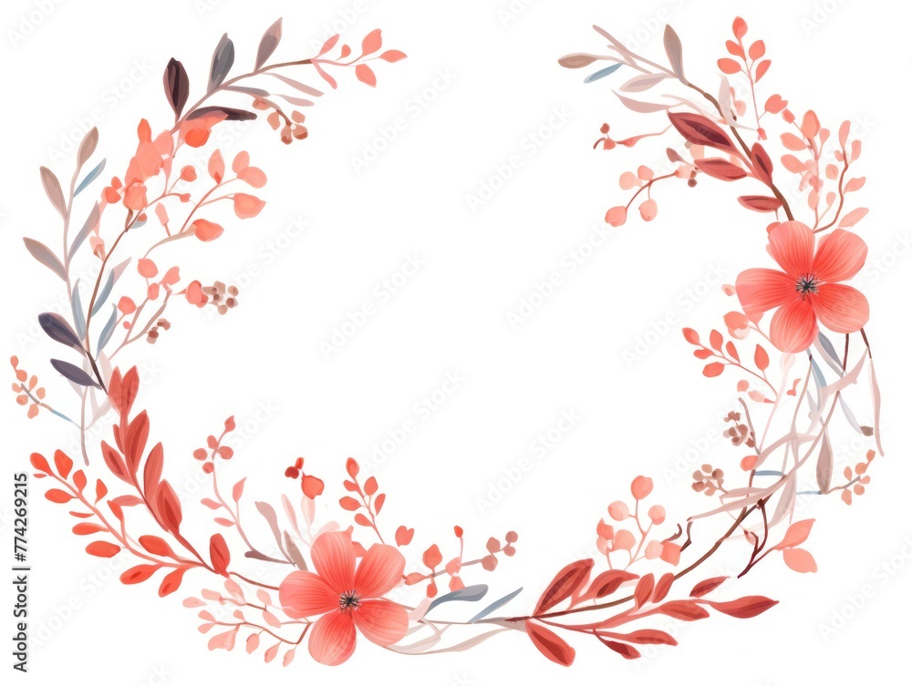 Coral thin barely noticeable flower frame with leaves isolated on white background pattern 