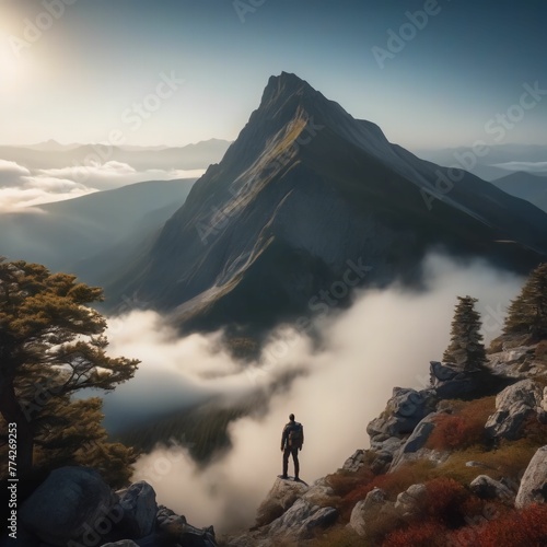 A man standing on the edge of a cliff and looking at beautiful mountains