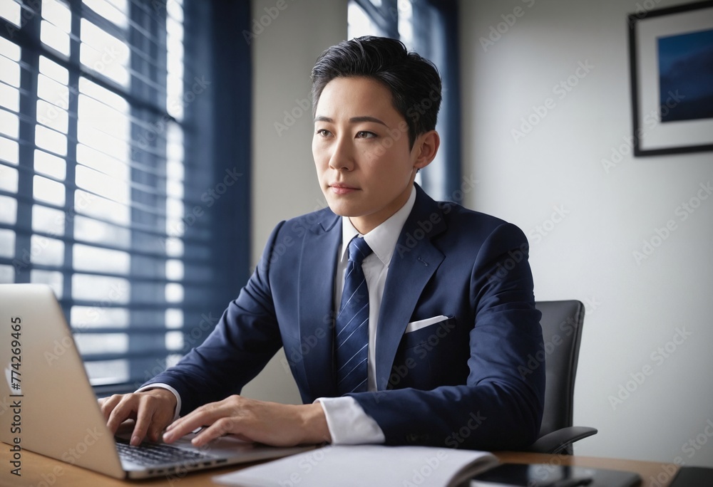 Japanise bussinesman in navy blue suit works on laptop Japanise bussinesman in navy blue suit works on laptop