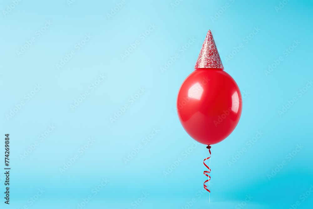 Fototapeta premium Red birthday balloon wearing cone carnival hat for celebration with confetti on the blue background.