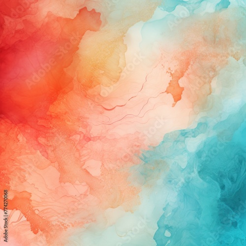 Crimson Turquoise Apricot abstract watercolor paint background barely noticeable with liquid fluid texture for background, banner with copy space and blank text area 