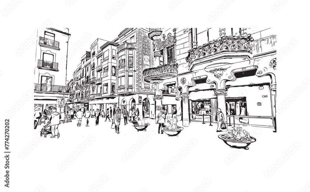 Obraz premium Print Building view with landmark of Reus is the city in Spain. Hand drawn sketch illustration in vector.
