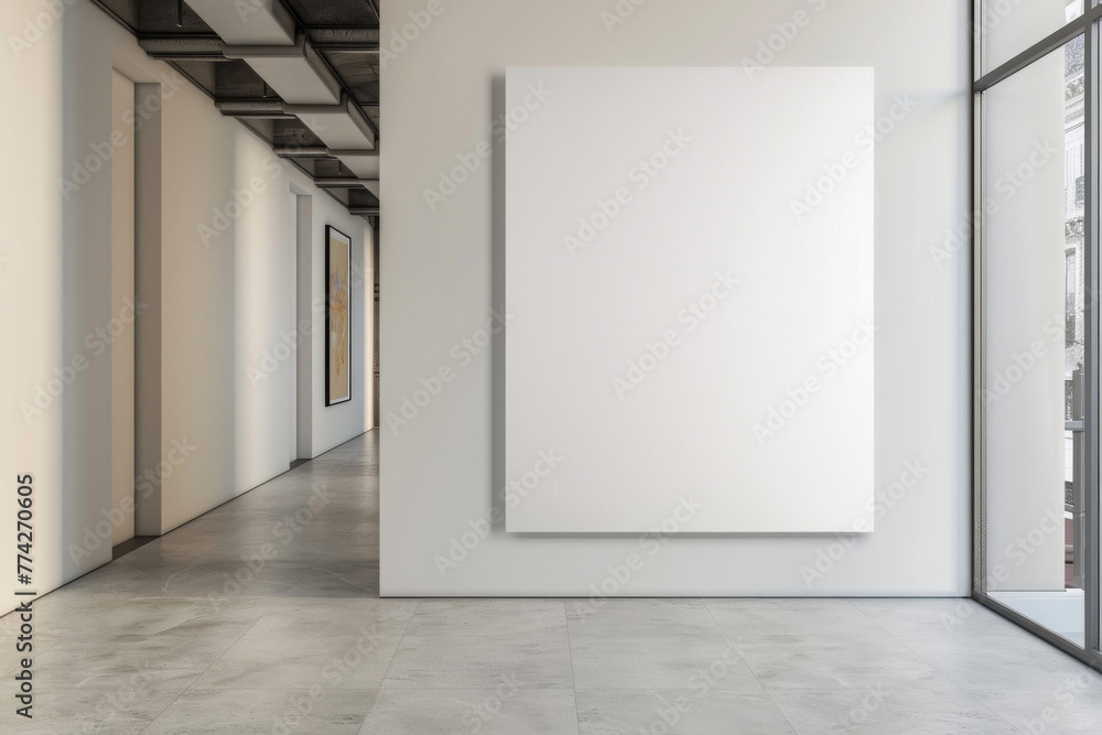 Gallery hallway with a blank canvas on the wall.. Gallery hallway with a blank canvas on the wall..
