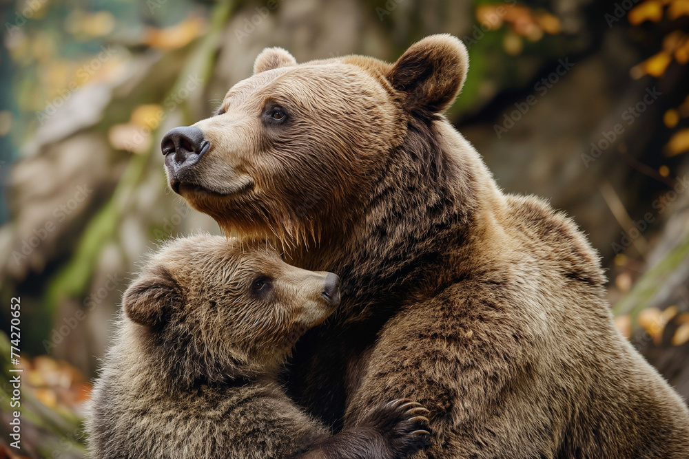 Fototapeta premium Mother bear and cub hug 