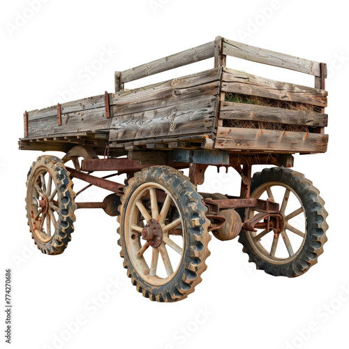 Robust all terrain utility vintage wooden cart for transport isolated on transparent background, cut out, png