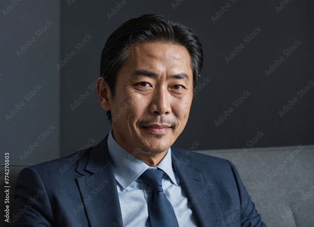 Japanese Businessman in Modern Office. East Asian Portrait, Success Defined. Japanese Business Leader in nevy blue Japanese Businessman in Modern Office. East Asian Portrait, Success Defined. Japanese Business Leader in nevy blue