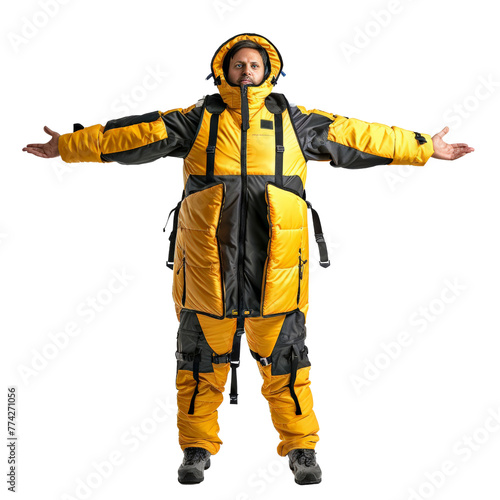 A man wearing a yellow winter coat stands with his arms outstretched isolated on transparent background, cut out, png