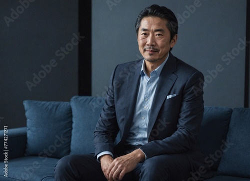 Japanese Businessman in Modern Office. East Asian Portrait, Success Defined. Japanese Business Leader in nevy blue