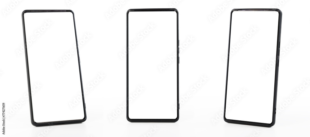 Three black smartphone with white screens. The smartphone are all empty. - obrazy, fototapety, plakaty 