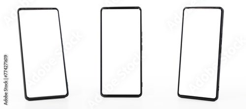 Three black smartphone with white screens. The smartphone are all empty. photo