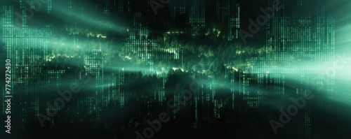 Emerald animation of glitched looping binary codes over fog-covered background pattern banner with copy space 