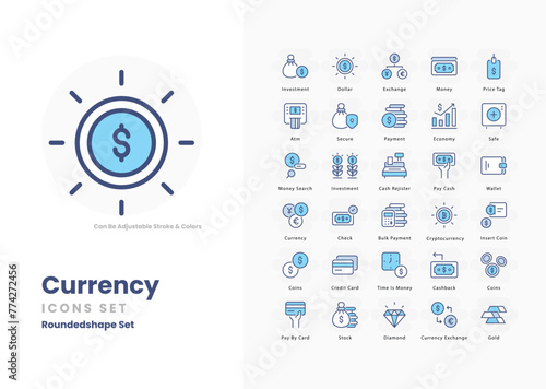 Currency icons set such as, Dollar, Euro, Pound, Yen, Yuan, Rupee, Franc, Peso, Lira, Baht, Rand, Ruble, Won, Shekel, vector stock illustration