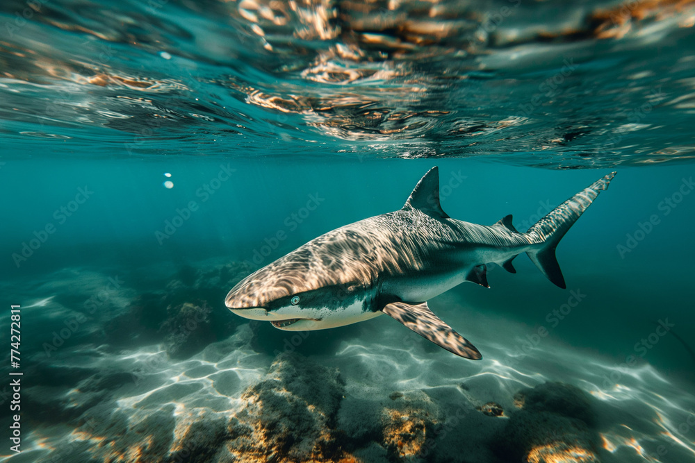Obraz premium Close-up underwater view of a swimming shark