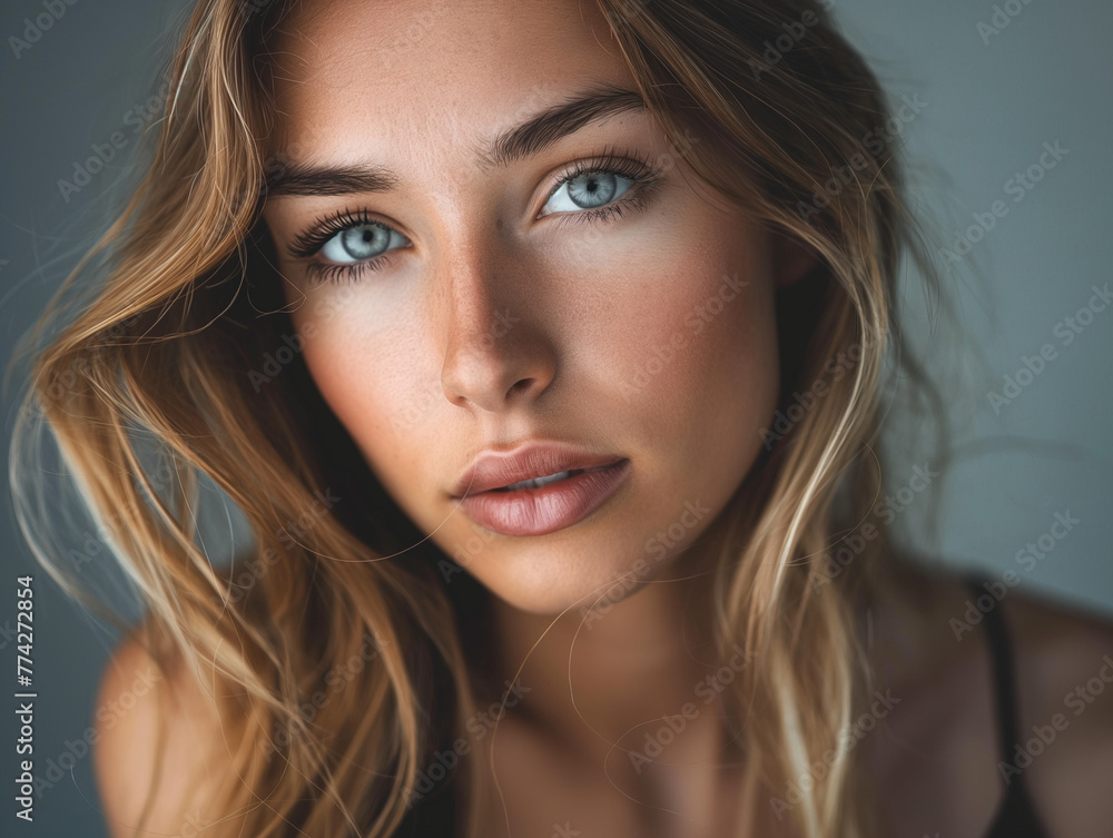 Schönes gepflegtes Frauen Gesicht mit natürlichen Make up für Kosmetik und Permanent Make up Poster Nahaufnahme Schönes gepflegtes Frauen Gesicht mit natürlichen Make up für Kosmetik und Permanent Make up Poster Nahaufnahme