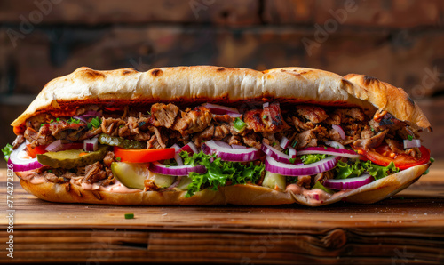 Big tasty hot dog with pulled pork cheese tomatoes and red onions on fresh roll served with French fries and beer on dark wooden background © Vadim