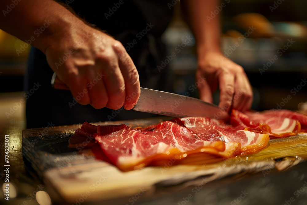 A person is cutting meat on a cutting board