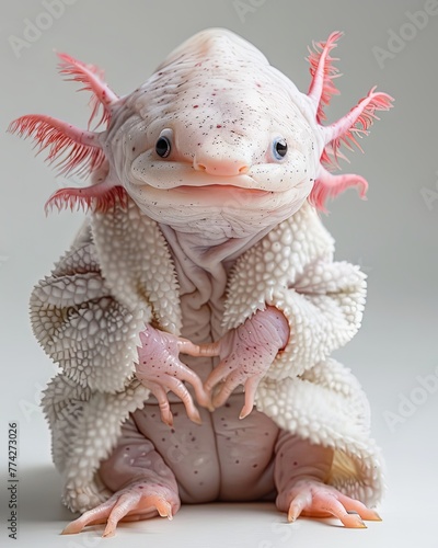 Axolotl Animal sitting on the floor, wearing a furry suit on white background fashion studio photography