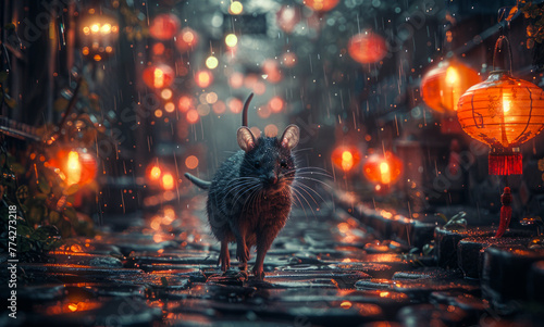 Rat is walking on the old street at night in the rain