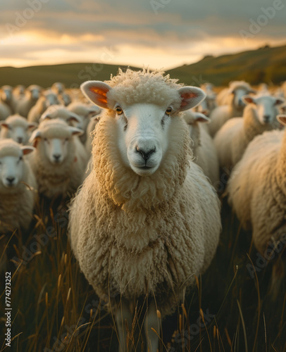 Sheep stares at the camera with herd of sheep in the background photo