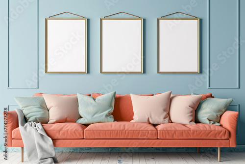 A bright and airy Scandinavian living room with a coral sofa against a light blue wall. Three blank mock-up poster frames in an antique gold finish hang above, adding a touch of vintage 