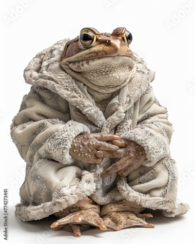 Frog Animal sitting on the floor, wearing a furry suit on white background fashion studio photography
