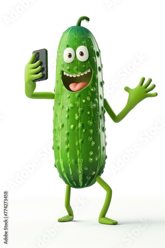 3D cucumber character with a wide smile, holding a phone.