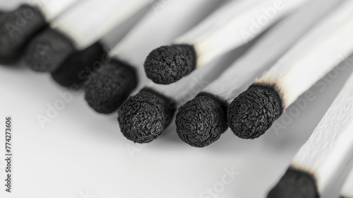 Close-up, top view of black matches with white sulfur heads isolated on a white background. Matches, accessories for smoking, black and white. photo