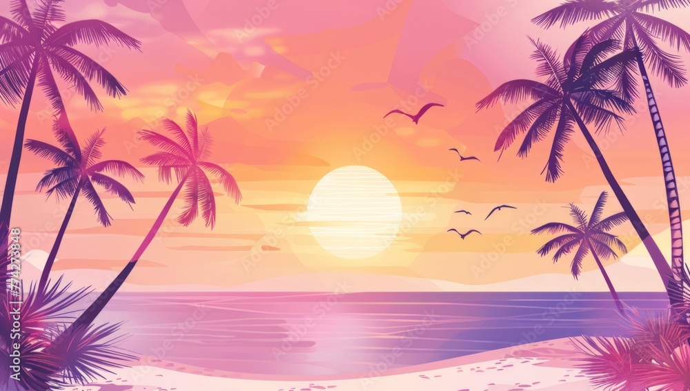 abstract summer background with palm trees, sunset and beach Generative AI