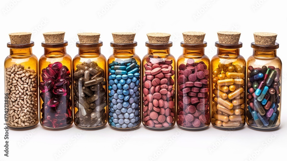 Health in a bottle, a variety of pill capsules isolated for clarity Health in a bottle, a variety of pill capsules isolated for clarity