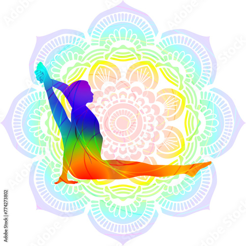 Colorful silhouette of yoga. Parivritta Surya Yantrasana. Seated Compass pose. Sundial pose or Sage Visvamitra s  pose. Isolated vector illustration