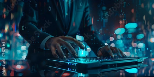 A professional man in a suit working on a laptop to protect client data with a holographic padlock in the background . Concept Cybersecurity, Professional, Technology, Digital Security