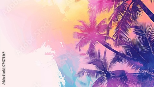 abstract summer background with palm trees  sunset pink and purple tones Generative AI