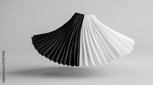 Side view of a blank black and white women's miniskirt mockup rendered in 3D. Knife-pleated dress made from empty fabric, school outfit. Simple circle or classy woman's dress template.