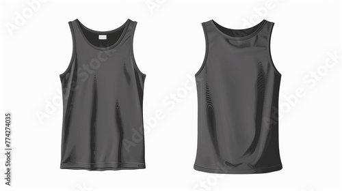 Front, side, and back views of a men's gray tank top template in three dimensions. Realistic male sport shirt blanks