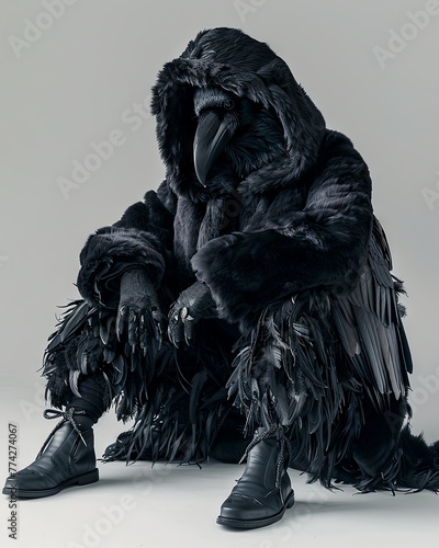 Raven Animal sitting on the floor, wearing a furry suit on white background fashion studio photography