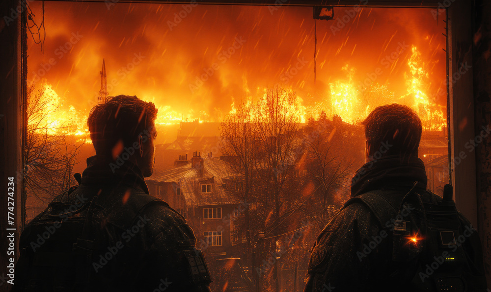 Fototapeta premium Two people look out window at raging fire