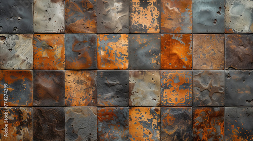 Old brown gray rusty vintage worn geometric shabby mosaic ornate patchwork motif porcelain stoneware tiles stone concrete cement wall texture background banner panorama