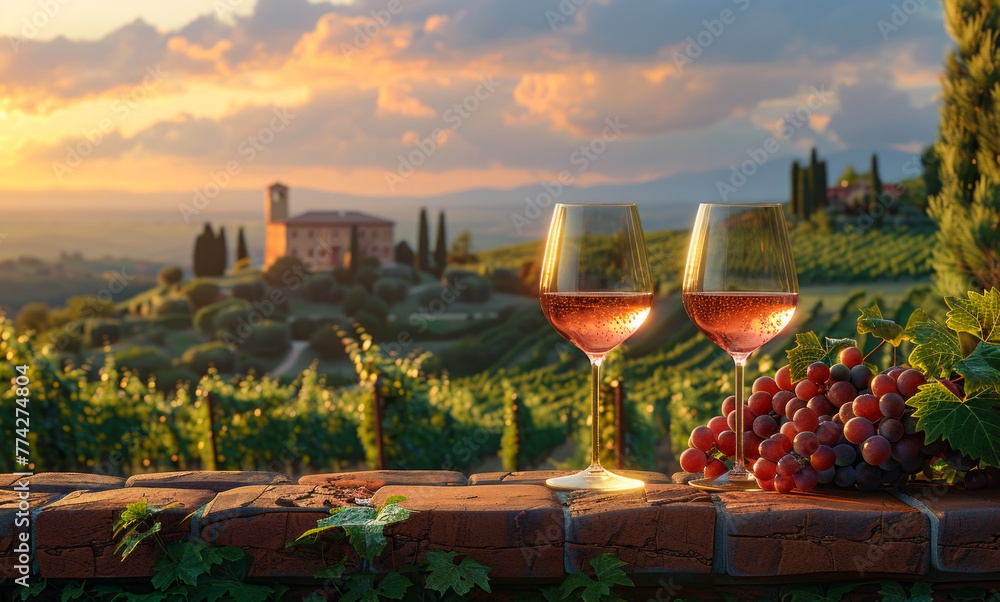 Obraz premium Two glasses of rose wine with grapes on the terrace of vineyard in Italy Chianti region Tuscany sunset