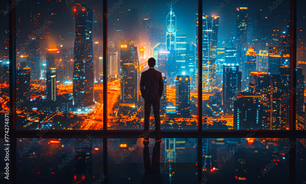 Fototapeta premium Businessman is standing for success on the top of building at night. Business success concept