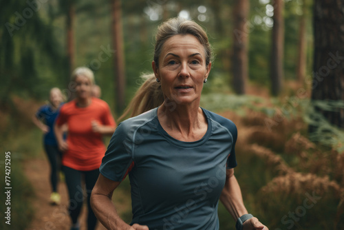 Middle-aged woman in sportswear, short-sleeved shirt, with her friends running trail, in pine forest.