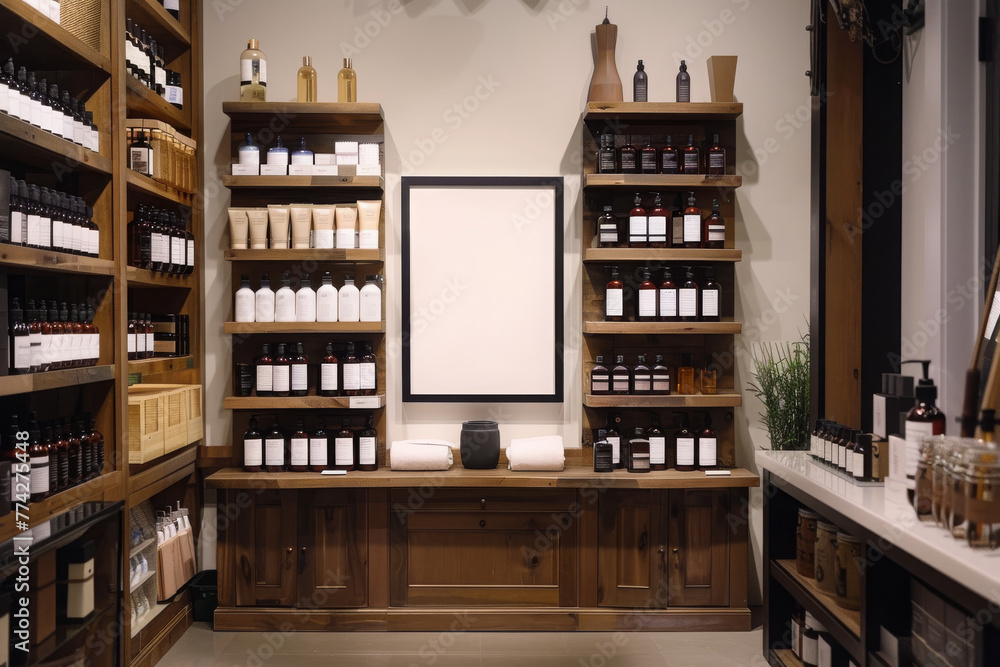 Organic skincare store with wooden shelves and blank frame