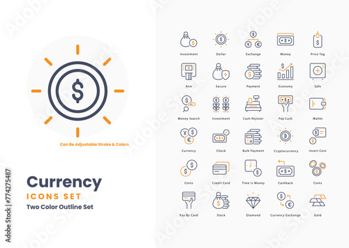Currency icons set such as, Dollar, Euro, Pound, Yen, Yuan, Rupee, Franc, Peso, Lira, Baht, Rand, Ruble, Won, Shekel, vector stock illustration