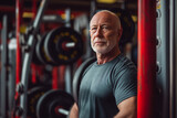 Portrait of healthy elderly man in fitness gym, weight training.